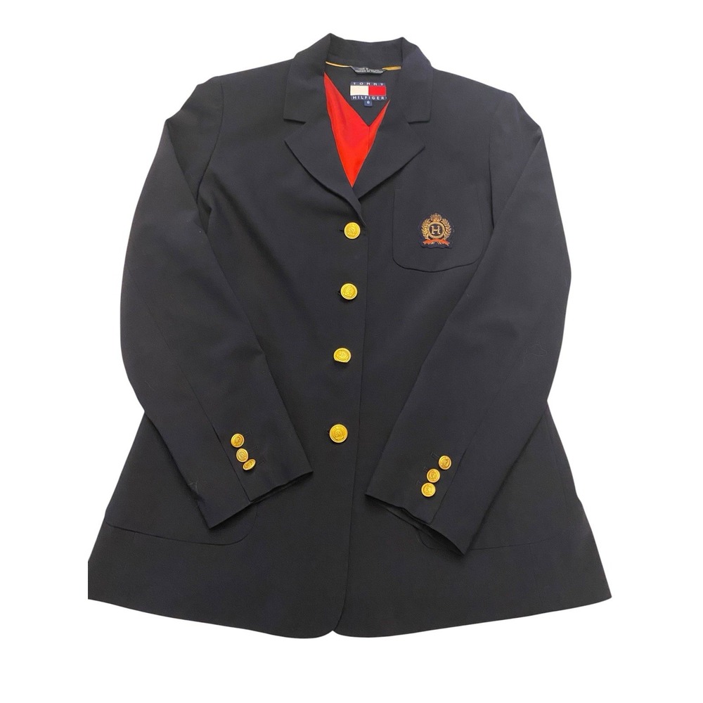 Tommy Hilfiger Womens Blazer Jacket Size 8 Navy Blue Wool Crest Patch Red Lining